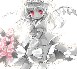 Rule 34 | 1girl, bad id, bad pixiv id, bouquet, dated, female focus, flandre scarlet, flower, hat, long hair, monochrome, open mouth, red eyes, sevten (ashkeroth), side ponytail, solo, spot color, touhou, wings