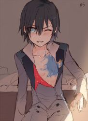 Rule 34 | 10s, 1boy, black hair, blue eyes, blush, cow (shadow), darling in the franxx, hiro (darling in the franxx), looking at viewer, male focus, military, military uniform, one eye closed, open clothes, scar, short hair, solo, spoilers, uniform