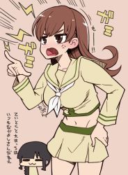 Rule 34 | 10s, 2girls, :3, = =, anger vein, black hair, braid, breasts, brown eyes, brown hair, hanauna, hand on own hip, kantai collection, kitakami (kancolle), large breasts, long hair, midriff, multiple girls, navel, ooi (kancolle), open mouth, single braid, skirt, translation request