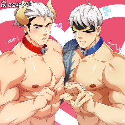 Rule 34 | 2boys, arm tattoo, bara, blindfold, blue eyes, blush, choker, covered eyes, hand up, heart, heart choker, horns, jarvan iv (league of legends), kaiki (osuppai), large pectorals, league of legends, lee sin, looking at viewer, male focus, multiple boys, muscular, muscular male, navel, nipples, pectoral docking, pectoral press, pectorals, short hair, smile, storm dragon lee sin, tattoo, tongue, tongue out, twitter username, undercut, upper body, v, white hair
