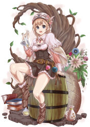 Rule 34 | 1girl, absurdres, atelier (series), atelier rorona, barrel, belt, blue eyes, book, boots, breasts, brown hair, cleavage, dress, flask, flower, full body, hat, hat feather, highres, holding, kenichiart, looking at viewer, medium breasts, open mouth, rororina fryxell, short hair, sitting, skirt, smile, solo, white background