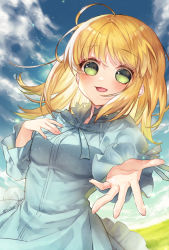 Rule 34 | 1girl, ahoge, alternate hairstyle, artoria pendragon (all), artoria pendragon (fate), bad id, bad pixiv id, blonde hair, blue dress, blue ribbon, blue sky, blush, cloud, commentary request, day, dress, fate/stay night, fate (series), fingernails, grass, green eyes, hand on own chest, highres, long hair, long sleeves, looking at viewer, nabenko, neck ribbon, official alternate costume, official alternate hairstyle, open mouth, outdoors, outstretched arm, reaching, reaching towards viewer, ribbon, saber (fate), sky, smile, solo, twitter username, upper body
