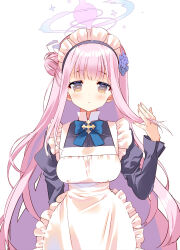 Rule 34 | 1girl, alternate costume, apron, arikawa satoru, black dress, blue archive, blush, breasts, dress, enmaided, frilled apron, frills, hair bun, halo, highres, juliet sleeves, large breasts, long hair, long sleeves, looking at viewer, maid, maid headdress, mika (blue archive), pinafore dress, pink hair, puffy sleeves, simple background, single side bun, sleeveless, sleeveless dress, solo, upper body, very long hair, white apron, white background