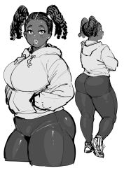 Rule 34 | 1girl, ass, bad id, bad tumblr id, braid, breasts, commentary request, dark-skinned female, dark skin, eyelashes, greyscale, half-closed eyes, hands in pockets, highres, large breasts, mole, mole under mouth, monochrome, multiple views, original, parted lips, plump, shoes, simple background, sketch, skin tight, sneakers, synecdoche, thick eyebrows, thick thighs, thighs, twin braids, very dark skin, white background