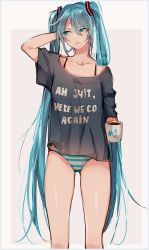 Rule 34 | 1girl, ah shit here we go again (meme), bare legs, beige background, black shirt, blue eyes, blue hair, clothes writing, coffee mug, collarbone, commentary, cup, ei flow, eyes visible through hair, feet out of frame, hair between eyes, hand on own head, hatsune miku, highres, holding, holding cup, long hair, looking away, meme, mug, panties, parted lips, profanity, rectangle, shiny skin, shirt, simple background, solo, standing, striped clothes, striped panties, thighs, twintails, twitter username, underwear, v-shaped eyebrows, very long hair, vocaloid, white background, white panties