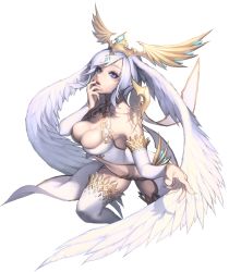 Rule 34 | 1girl, bare shoulders, breasts, chaos online, cleavage, cleavage cutout, clothing cutout, detached sleeves, fingernails, hand to own mouth, head wings, headpiece, large breasts, leg up, light purple hair, lips, long fingernails, love cacao, official art, parted lips, purple eyes, rozamia, short hair, solo, thighhighs, transparent background, white thighhighs, wings