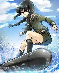 Rule 34 | 10s, 1girl, black hair, blue eyes, braid, cloud, day, ebiblue, foreshortening, kantai collection, kitakami (kancolle), long hair, ocean, open mouth, single braid, sky, solo, surfing, torpedo, water