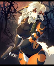 Rule 34 | 1girl, 2023, arcanine, black panties, black sweater, breasts, cleavage cutout, clothing cutout, creatures (company), curvy, fingerless gloves, furry, furry female, game freak, gen 1 pokemon, gloves, gold teeth, gun, handgun, highres, large breasts, nintendo, nose piercing, panties, percivore, piercing, pistol, pokemon, red eyes, resident evil, solo, standing, sweater, underwear, weapon