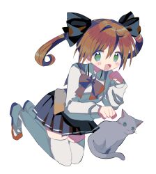 1girl absurdres black_bow black_skirt bow bowtie breasts collared_shirt fang green_eyes grey_cat hair_bow hands_up highres kneeling long_hair looking_at_viewer open_mouth orange_hair orange_vest paw_pose pleated_skirt red_bow red_bowtie sayonara_wo_oshiete school_uniform shirt shoes simple_background skirt small_breasts smile solo tamachi_mahiru thighhighs twintails usagi_nui uwabaki very_long_hair vest white_background white_shirt white_thighhighs