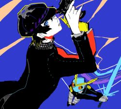 1boy 1girl atlus bad_drawr_id bad_id black_hair blue_eyes cabbie_hat dual_persona from_behind hat hira hira_(meteoric) jacket looking_at_viewer looking_back oekaki persona persona_4 school_uniform shirogane_naoto short_hair sukuna-hikona weapon