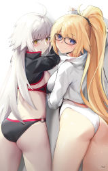 Rule 34 | 2girls, absurdres, ahoge, ass, bee doushi, bikini, black bikini, black gloves, black jacket, blonde hair, blue eyes, blush, breasts, clenched teeth, closed mouth, competition swimsuit, fate/grand order, fate (series), glasses, gloves, highleg, highleg swimsuit, highres, jacket, jeanne d&#039;arc alter (swimsuit berserker) (fate), jeanne d&#039;arc (fate), jeanne d&#039;arc (ruler) (fate), jeanne d&#039;arc (swimsuit archer) (fate), jeanne d&#039;arc (swimsuit archer) (second ascension) (fate), jeanne d&#039;arc alter (fate), jeanne d&#039;arc alter (swimsuit berserker) (fate), large breasts, long hair, long sleeves, looking at viewer, looking back, multiple girls, one-piece swimsuit, ponytail, shrug (clothing), silver hair, smile, swimsuit, teeth, very long hair, white jacket, white one-piece swimsuit, yellow eyes
