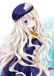 Rule 34 | 1girl, bad id, bad pixiv id, blue hat, blue jacket, blush, closed mouth, commentary request, epaulettes, eyes visible through hair, floral print, from side, hair between eyes, hair over one eye, hat, head tilt, heterochromia, jacket, long hair, long sleeves, looking at viewer, looking to the side, military jacket, nanase nao, original, print headwear, rose print, solo, very long hair, white hair