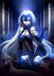 Rule 34 | 1girl, arm support, bad id, bad pixiv id, bare shoulders, black gloves, black legwear, breasts, chain, cleavage, clothing cutout, crack, elbow gloves, fate/grand order, fate (series), fur-trimmed gloves, fur-trimmed legwear, fur trim, gloves, glowing, headpiece, highres, jeanne d&#039;arc (fate), jeanne d&#039;arc alter (avenger) (fate), jeanne d&#039;arc alter (avenger) (third ascension) (fate), jeanne d&#039;arc alter (fate), large breasts, lips, long hair, looking at viewer, meaomao, navel, navel cutout, petals, pillar, sitting, smile, solo, sword, very long hair, weapon, white hair, yellow eyes, yokozuwari
