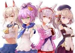 Rule 34 | 4girls, animal ears, ayanami (azur lane), azur lane, bare shoulders, beret, blonde hair, blue sailor collar, blush, bottle, bow, breasts, camisole, commentary request, crop top, cross hair ornament, crown, dress, fake animal ears, hair between eyes, hair bow, hair ornament, hairband, hat, headgear, high ponytail, highres, holding, holding bottle, jacket, javelin (azur lane), laffey (azur lane), long hair, long sleeves, looking at viewer, mg42cat-k1ng, mini crown, multiple girls, open mouth, orange eyes, pink jacket, platinum blonde hair, pleated skirt, ponytail, purple hair, rabbit ears, red eyes, red hairband, red skirt, revision, ribbon, sailor collar, school uniform, shirt, short hair, sidelocks, silver hair, simple background, skirt, sleeveless, sleeveless shirt, smile, striped, striped bow, tilted headwear, twintails, very long hair, white background, white camisole, white dress, white shirt, yellow neckwear, z23 (azur lane)