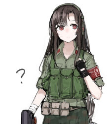 Rule 34 | 1girl, ?, armband, asymmetrical bangs, belt, belt pouch, black gloves, brown hair, closed mouth, collared shirt, cowboy shot, fingerless gloves, girls&#039; frontline, gloves, green shirt, gun, headset, highres, integrally-suppressed firearm, long hair, pouch, rampart1028, red eyes, shirt, simple background, solo, submachine gun, type 64 (girls&#039; frontline), type 64 smg, vest, weapon, white background