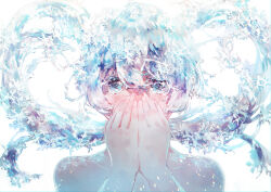 Rule 34 | 1girl, absurdres, bare shoulders, blue eyes, blue hair, blush, collarbone, covering own mouth, floating hair, frost, hair between eyes, hair rings, hands up, highres, ice, long hair, looking at viewer, original, simple background, solo, straight-on, tears, twintails, upper body, urimoto, white background