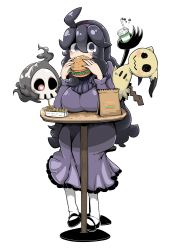 Rule 34 | 1girl, @ @, absurdres, ahoge, animal ears, bag, black eyes, black footwear, blush, breasts, chair, coffee, creatures (company), cup, dress, drink, drinking straw, duskull, eating, female focus, fries, full body, game freak, gen 3 pokemon, gen 7 pokemon, ghost, hairband, hands up, hex maniac (pokemon), highres, holding, large breasts, long hair, long sleeves, looking at viewer, matching hair/eyes, mimikyu, nintendo, npc trainer, pokemon, pokemon (creature), pokemon xy, purple dress, purple eyes, purple hair, red eyes, shoes, simple background, sitting, solo focus, stool, sweat, table, tail, tazonotanbo, white background, white legwear