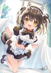 Rule 34 | 1girl, animal ear fluff, animal ears, apron, arms up, bed, bed sheet, bedroom, black shirt, black skirt, breasts, brown eyes, brown footwear, brown hair, collar, commission, dog ears, dog girl, dog tail, gloves, highres, indoors, long hair, looking at viewer, maid, maid headdress, midriff, miniskirt, natsuki marina, navel, on one knee, original, shirt, shoes, skeb commission, skirt, socks, solo, tail, thighs, twintails, waist apron, white apron, white gloves, white shirt, window