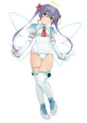Rule 34 | 1girl, boots, commentary request, djibril aries, elbow gloves, energy wings, full body, gloves, green eyes, halo, highres, jinno hikari, long hair, magical girl, makai tenshi djibril, makai tenshi djibril 2, one-piece swimsuit, purple hair, ribbon, school swimsuit, shochiku, simple background, smile, solo, swimsuit, swimsuit costume, thigh boots, thigh strap, thighhighs, thighs, twintails, white background, white footwear, white gloves, white one-piece swimsuit, white thighhighs, wings