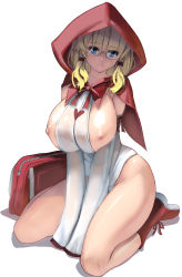 Rule 34 | 1girl, blonde hair, blue eyes, breasts, capelet, curvy, detached sleeves, glasses, highres, hood, hooded capelet, huge breasts, kouno (masao), little red riding hood, little red riding hood (grimm), looking at viewer, nipples, smile, solo