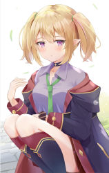 Rule 34 | 1girl, black choker, blonde hair, blush, chloe (princess connect!), choker, coat, collared shirt, dress shirt, embarrassed, green necktie, hair tie, highres, hood, hooded coat, looking at viewer, necktie, off shoulder, parted lips, princess connect!, purple eyes, shirt, short hair, sisoha, solo, squatting, twintails, white shirt
