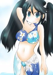 Rule 34 | 10s, 1girl, adapted costume, alternate costume, arm behind back, arm up, asymmetrical clothes, bare arms, bare shoulders, black hair, blue eyes, breasts, commentary request, floral print, isuzu (kancolle), kantai collection, large breasts, long hair, looking at viewer, navel, ouno (nounai disintegration), solo