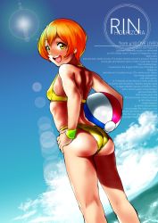 Rule 34 | 1girl, ass, bare shoulders, bikini, blue sky, blush, breasts, character name, cloud, commentary request, day, dutch angle, from behind, hair between eyes, hand on own hip, highres, hoshizora rin, jorori, lens flare, looking at viewer, looking back, love live!, love live! school idol festival, love live! school idol project, ocean, open mouth, orange hair, outdoors, round teeth, short hair, sky, small breasts, smile, solo, standing, sun, swimsuit, teeth, text focus, wading, water, yellow bikini, yellow eyes
