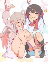 Rule 34 | 2girls, absurdres, ahoge, arm up, armpit cutout, bare legs, barefoot, black socks, blush, brown eyes, brown hair, chain, chinese commentary, closed mouth, clothing cutout, coat, colored inner hair, commentary request, cuffs, eyelashes, feet, grey hair, grey socks, hair between eyes, highres, knees up, lab coat, legs, long hair, long sleeves, multicolored hair, multiple girls, neck ribbon, no shoes, one eye closed, onii-chan wa oshimai!, open mouth, oyama mahiro, pink hair, pink shirt, pink skirt, purple hair, qiufengxiaose, red ribbon, restrained, ribbon, shirt, siblings, sidelocks, sisters, sitting, skirt, smile, socks, soles, squatting, streaked hair, tearing up, thighs, tickle torture, tickling, tickling armpits, toenails, toes, twintails, white coat
