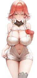 1girl absurdres ahoge bare_shoulders black_collar black_thighhighs body_markings braid breasts bright_pupils changli_(wuthering_waves) cleavage closed_mouth clothing_cutout collar colored_extremities commentary dress hair_between_eyes hair_extensions hair_intakes halterneck hand_on_own_chest highres large_breasts looking_at_viewer multicolored_hair navel pink_hair red_hands revision simple_background single_thighhigh skirt_hold smile solo stomach stomach_cutout thighhighs twin_braids two-tone_hair underboob white_background white_dress white_hair white_pupils wuthering_waves yellow_eyes yq_q