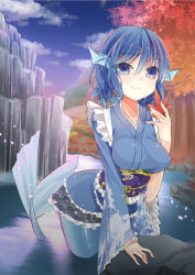 Rule 34 | 1girl, animal ears, blue eyes, blue hair, breasts, cherry blossoms, cloud, fins, head fins, japanese clothes, kimono, leaf, long sleeves, maple leaf, maple tree, matching hair/eyes, mermaid, monster girl, obi, petals, river, rock, sash, short hair, sky, smile, solo, sunset, tika (mika4975), touhou, tree, wakasagihime, wide sleeves