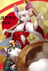 Rule 34 | 1girl, 2020, :d, animal ears, armor, breasts, checkered background, chinese zodiac, drop shadow, fingernails, food, foreshortening, highres, holding, holding mallet, japanese armor, japanese clothes, lips, makeup, mallet, miko, mochi, mouse ears, mouse girl, new year, niccohudou, open mouth, original, pink eyes, pointing, short hair, signature, silver hair, small breasts, smile, solo, teeth, wide sleeves, year of the rat, yellow background