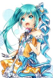 Rule 34 | 1girl, alternate hairstyle, bad id, bad pixiv id, esdy, gloves, hatsune miku, headphones, highres, long hair, open mouth, project diva (series), project diva f 2nd, side ponytail, solo, vocaloid, white background