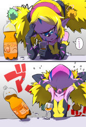 Rule 34 | ..., 1girl, 2koma, antennae, armpits, bare shoulders, blonde hair, blue eyes, blush, bottle, bottle cap, choker, colored skin, comic, commentary request, covering face, cup, cyclops, depressed, drinking, drinking glass, elbow gloves, elbow rest, embarrassed, eyewon (precure), full-face blush, gloves, hairband, hand on own forehead, highres, one-eyed, pink skin, pointy ears, precure, ryuuta (cure ryuuta), sad, shaded face, shouting, soda bottle, solo, spoken ellipsis, star twinkle precure, sweatdrop, wine glass