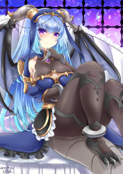 Rule 34 | 1girl, black wings, blue hair, blue skirt, bracelet, breast lift, breasts, brown pantyhose, claws, cleavage, dated, dragon girl, hal (harun), hand up, horns, jewelry, large breasts, long hair, looking at viewer, meliusiana, pantyhose, purple eyes, sennen sensou aigis, simple background, sitting, skirt, smile, solo, tail, very long hair, wings