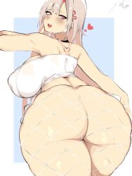 Rule 34 | 1girl, :d, ass, ass focus, black choker, blush, breasts, choker, crop top, fishnet pantyhose, fishnets, from behind, goddess of victory: nikke, heart, heart-shaped pupils, highres, huge ass, kirim (kihun4070), large breasts, light brown hair, long hair, looking at viewer, looking back, mole, mole under eye, open mouth, pantyhose, red eyes, saliva, saliva trail, shirt, signature, skindentation, smile, solo, symbol-shaped pupils, viper (nikke), white shirt