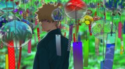 Rule 34 | 1boy, backlighting, bakugou katsuki, blonde hair, blurry, blurry background, boku no hero academia, from behind, japanese clothes, kimono, looking back, male focus, red eyes, serious, shoco (sco labo), short hair, solo, spiked hair, upper body, wind chime, wind chime focus, yukata
