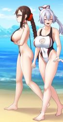 Rule 34 | 2girls, :d, ^ ^, ao banana, areola slip, beach, black-framed eyewear, black hair, braid, breasts, closed eyes, competition swimsuit, covered navel, day, closed eyes, fate/grand order, fate (series), from side, full body, hair between eyes, hair ornament, hair ribbon, hair scrunchie, holding hands, large breasts, long hair, multiple girls, ocean, one-piece swimsuit, open mouth, outdoors, ponytail, profile, ribbon, scrunchie, silver hair, single braid, slingshot swimsuit, smile, standing, swimsuit, tomoe (symbol), tomoe gozen (fate), very long hair, yu mei-ren (fate)