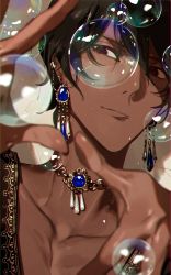 Rule 34 | 1boy, absurdres, arjuna (fate), black eyes, black hair, bubble, closed mouth, commentary request, dark-skinned male, dark skin, earrings, fate/grand order, fate (series), hair between eyes, highres, jewelry, male focus, necklace, semi finalfight, smile, solo