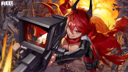 Rule 34 | 1girl, absurdres, anti-materiel rifle, artist request, black pants, breasts, bullpup, cleavage, drone, explosion, goddess of victory: nikke, gun, hair between eyes, highres, holding, holding gun, holding weapon, horns, large breasts, long hair, long sleeves, mechanical horns, official art, orange eyes, pants, rapture (nikke), red hair, red hood (nikke), red scarf, rifle, scarf, second-party source, smile, sniper rifle, solo, teeth, unmanned aerial vehicle, very long hair, watermark, weapon