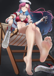 Rule 34 | 1girl, absurdres, barefoot, chair, feet, hat, highres, holding, holding shoes, long hair, looking at viewer, lounge chair, multicolored hair, parted lips, punishing: gray raven, red eyes, red hair, shoes, unworn shoes, sitting, smile, soles, steam, sunglasses, toeless footwear, toes, tsa, two-tone hair, vera (punishing: gray raven)