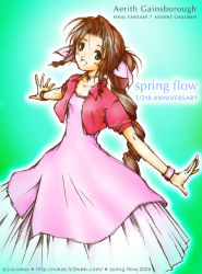 Rule 34 | 1990s (style), 1girl, aerith gainsborough, character name, copyright name, cropped jacket, dress, final fantasy, final fantasy vii, final fantasy vii advent children, green background, jacket, long dress, long hair, pink dress, retro artstyle, solo, very long hair