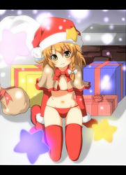 1girl bad_id bad_pixiv_id bikini blonde_hair braid capelet christmas female_focus full_body gift hat kirisame_marisa red_bikini red_thighhighs sack santa_costume santa_hat solo star_(symbol) swimsuit thighhighs touhou ukami yellow_eyes