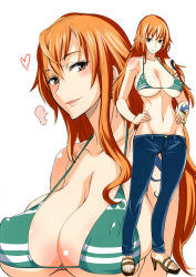 Rule 34 | 1girl, bangle, bare shoulders, bikini, bikini top only, blush, bracelet, breasts, denim, earrings, covered erect nipples, groin, highres, isao, jewelry, large breasts, lips, log pose, long hair, looking at viewer, matching hair/eyes, nami (one piece), navel, one piece, open mouth, orange eyes, orange hair, sabaody archipelago, smile, solo, swimsuit, tattoo, very long hair