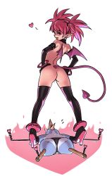 Rule 34 | 1girl, :d, ass, bat wings, black gloves, black thighhighs, boots, demon girl, demon tail, disgaea, earrings, elbow gloves, etna (disgaea), femdom, gloves, hands on own hips, heart, high heel boots, high heels, highres, jewelry, looking at viewer, looking back, nude, open mouth, optionaltypo, pointy ears, prinny, pussy juice, red eyes, red hair, simple background, smile, tail, thigh boots, thighhighs, twintails, wings