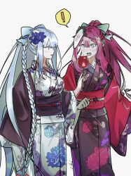 Rule 34 | !, 2girls, baobhan sith (fate), black kimono, blue eyes, blue flower, blue hair, blush, braid, candy apple, cernunnos (fate), character mask, earrings, eiki (eikityou 55), fang, fate/grand order, fate (series), floral print, flower, food, grey eyes, hair flower, hair ornament, hair ribbon, hand up, highres, holding, holding food, japanese clothes, jewelry, kimono, mask, mask on head, morgan le fay (fate), morgan le fay (fgo fes. 2023) (fate), mother and daughter, multiple girls, obi, open mouth, pink hair, pointy ears, ponytail, red kimono, ribbon, sash, sidelocks, single braid, surprised, white background, white kimono, wide sleeves