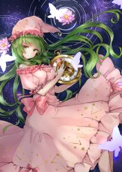 Rule 34 | 1girl, bad id, bad pixiv id, bare shoulders, bow, breasts, bug, butterfly, closed mouth, constellation print, crescent, dress, expressionless, floating hair, flower, frilled dress, frills, glowing butterfly, green eyes, green hair, hat, head tilt, highres, holding, insect, kazami yuuka, kazami yuuka (pc-98), lily pad, long hair, medium breasts, night, night sky, nightcap, nightgown, pink bow, pink dress, pink flower, pink hat, pocket watch, puffy short sleeves, puffy sleeves, ripples, shironeko yuuki, short sleeves, sky, solo, star (sky), star (symbol), star print, starry sky, touhou, touhou (pc-98), very long hair, watch