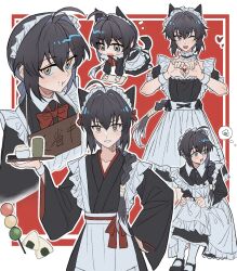Rule 34 | 1other, ahoge, alternate costume, androgynous, animal ears, apron, black dress, black hair, black kimono, blush, braid, braided ponytail, brown eyes, cat ears, cat tail, chibi, closed mouth, commentary request, dress, enmaided, fake animal ears, fake tail, fate/samurai remnant, fate (series), food, food on face, grin, hair intakes, hand on own hip, highres, japanese clothes, kimono, long hair, looking at viewer, maid, maid apron, maid headdress, multicolored hair, one eye closed, open mouth, pout, yamato takeru (fate), shirosaki20725, sitting, smile, streaked hair, tail, wa maid, waist apron, white apron, white hair, wide sleeves