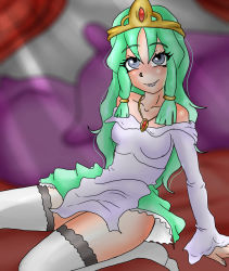 Rule 34 | 1girl, arm support, bad id, bad pixiv id, bare shoulders, bed, blue eyes, blurry, blurry background, bracelet, commentary, dress, english commentary, eyelashes, final fantasy, final fantasy i, green hair, highres, jewelry, lipstick, long hair, long sleeves, makeup, necklace, pillow, principle negro, sarah (ff1), sitting, sleeves past wrists, smile, solo, square enix, thighhighs, tiara