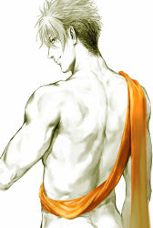 Rule 34 | 1boy, achilles (fate), ass, back, back focus, bad id, bad pixiv id, butt crack, changye, eyes visible through hair, fate/grand order, fate (series), from behind, greyscale, looking at viewer, looking back, male focus, manly, monochrome, muscular, nude, orange scarf, scarf, smile, solo, toned, toned male, upper body, white background