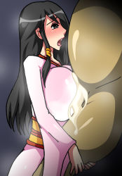 Rule 34 | black hair, blush, breasts, clothed female nude male, cum, cum on body, cum on breasts, cum on clothes, cum on upper body, dead or alive, fat, fat man, fire tiger, highres, japanese clothes, kimono, kokoro (doa), large breasts, milk cow factory, nude, open mouth, paizuri, tecmo